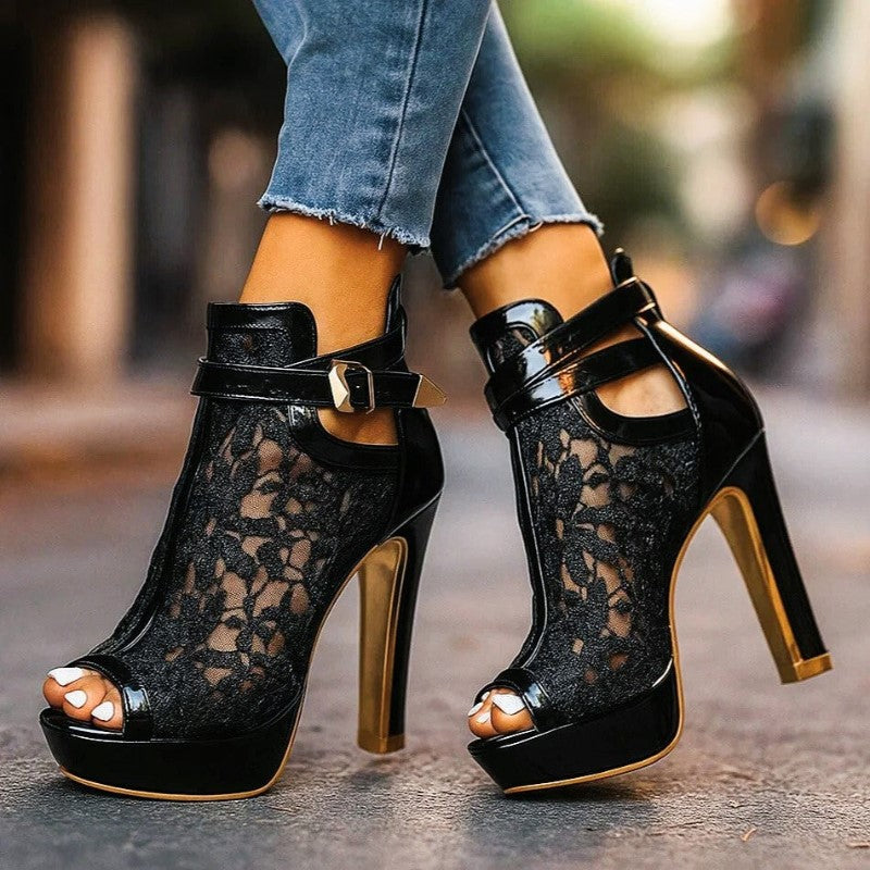 Clara Duval High Heel Sandals with Lace Panel