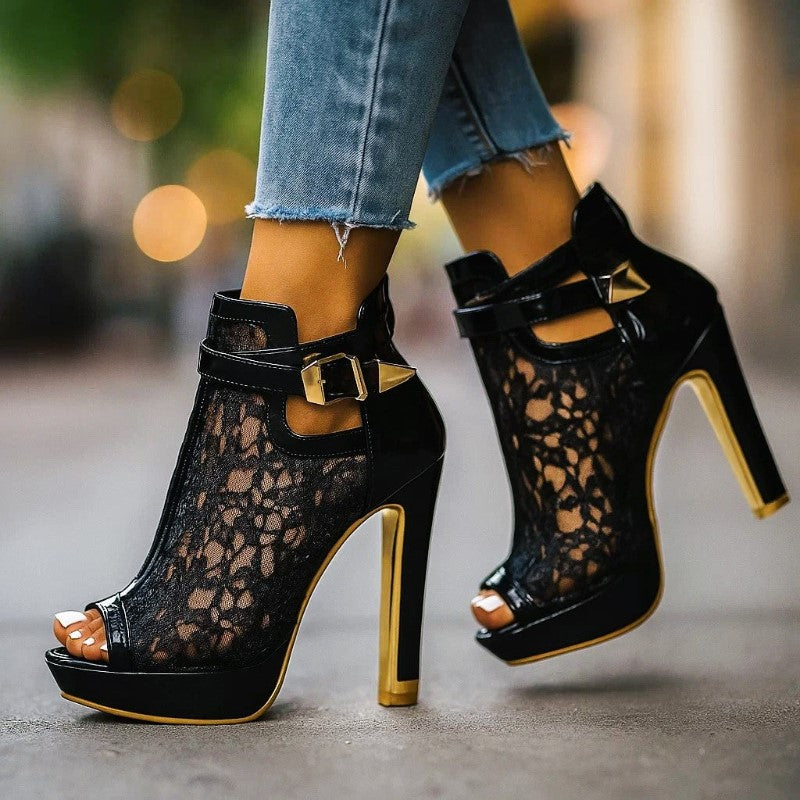 Clara Duval High Heel Sandals with Lace Panel