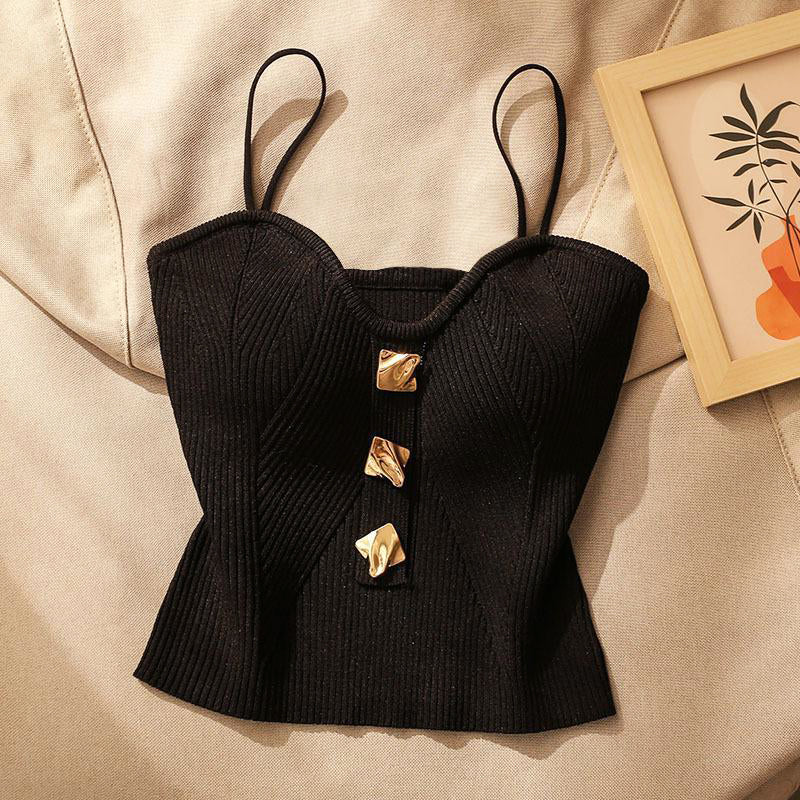 Clara Duval Knit Crop Top with Decorative Buttons