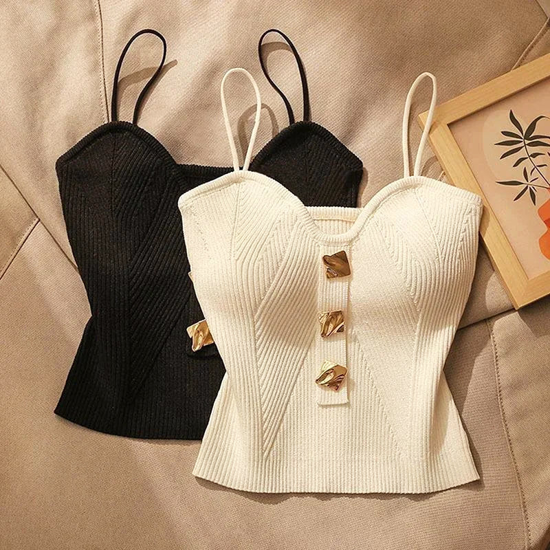 Clara Duval Knit Crop Top with Decorative Buttons
