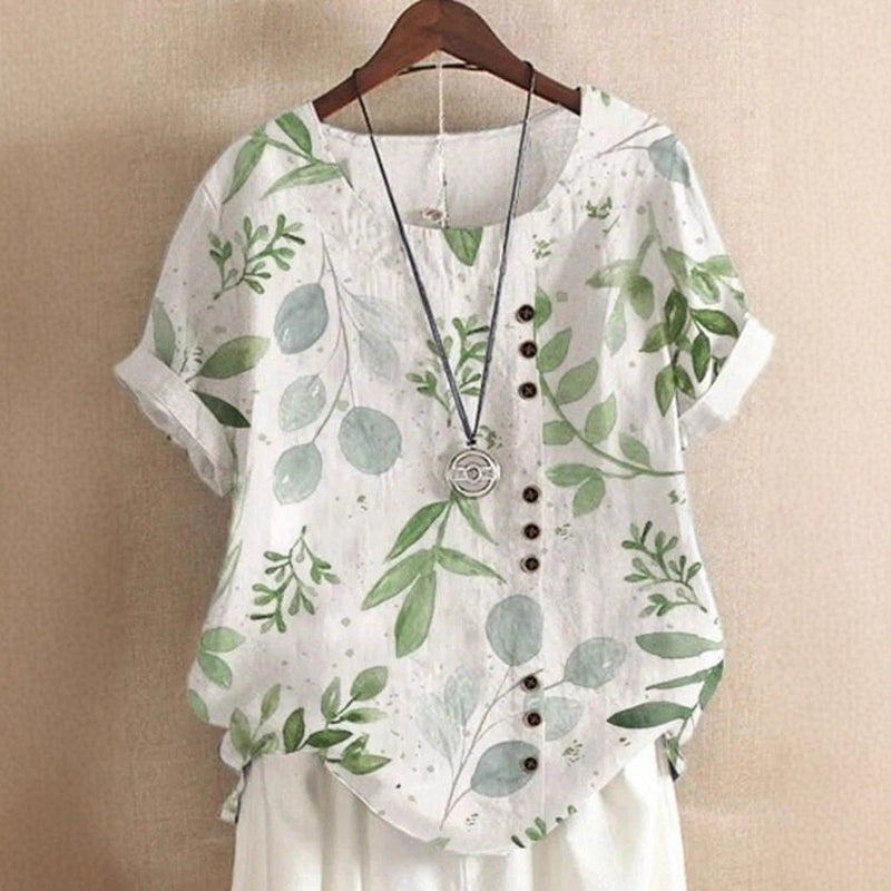Clara Duval Leaf Print Top with Round Neck