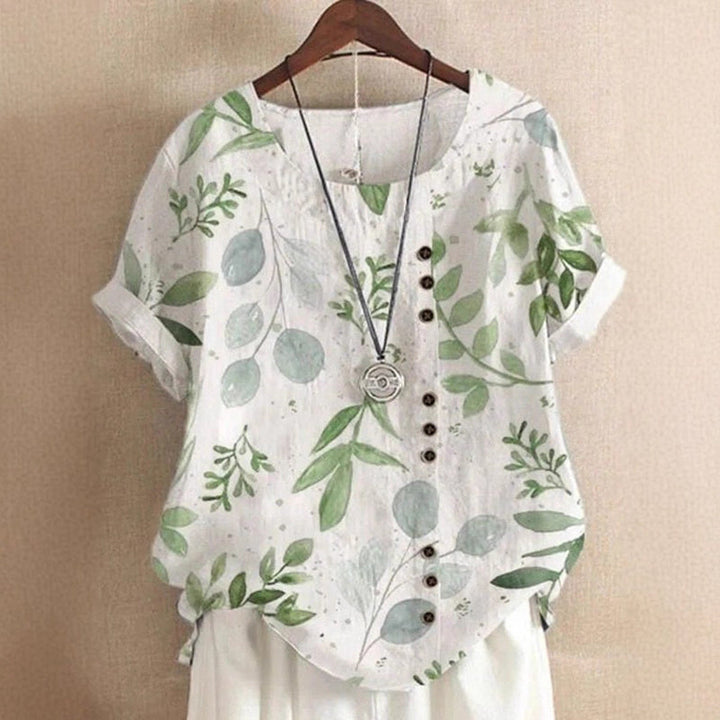 Clara Duval Leaf Print Top with Round Neck