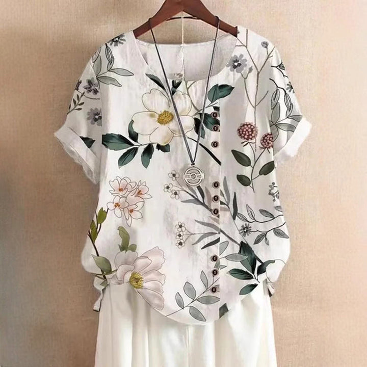 Clara Duval Leaf Print Top with Round Neck