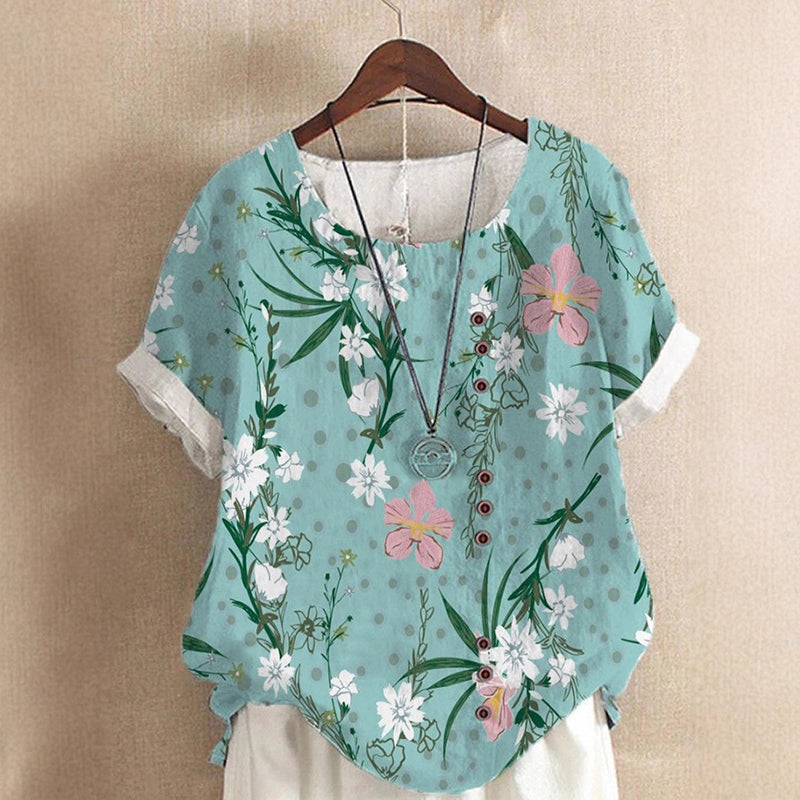 Clara Duval Leaf Print Top with Round Neck