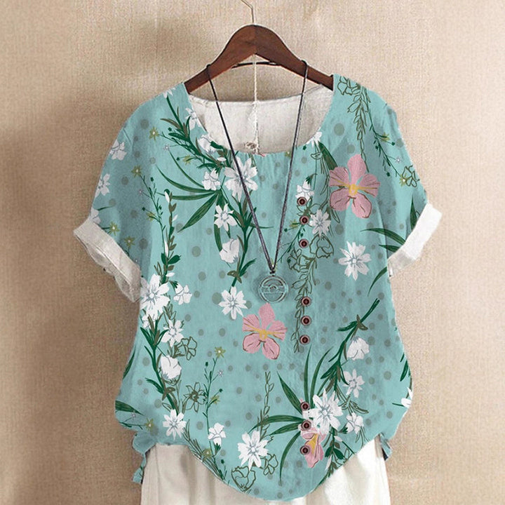 Clara Duval Leaf Print Top with Round Neck