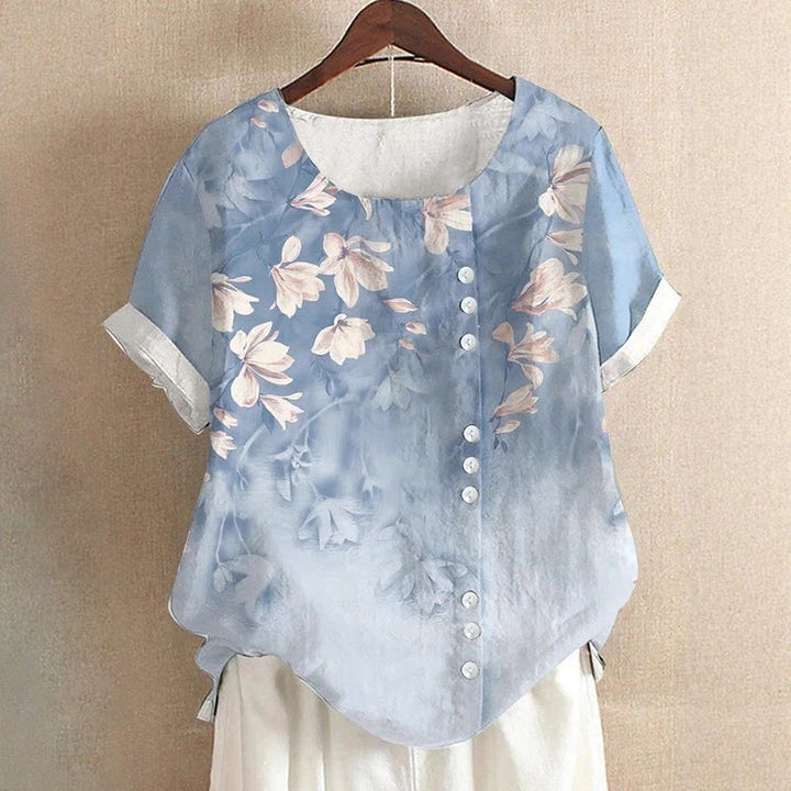 Clara Duval Leaf Print Top with Round Neck