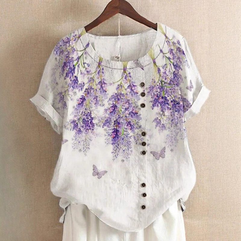 Clara Duval Leaf Print Top with Round Neck