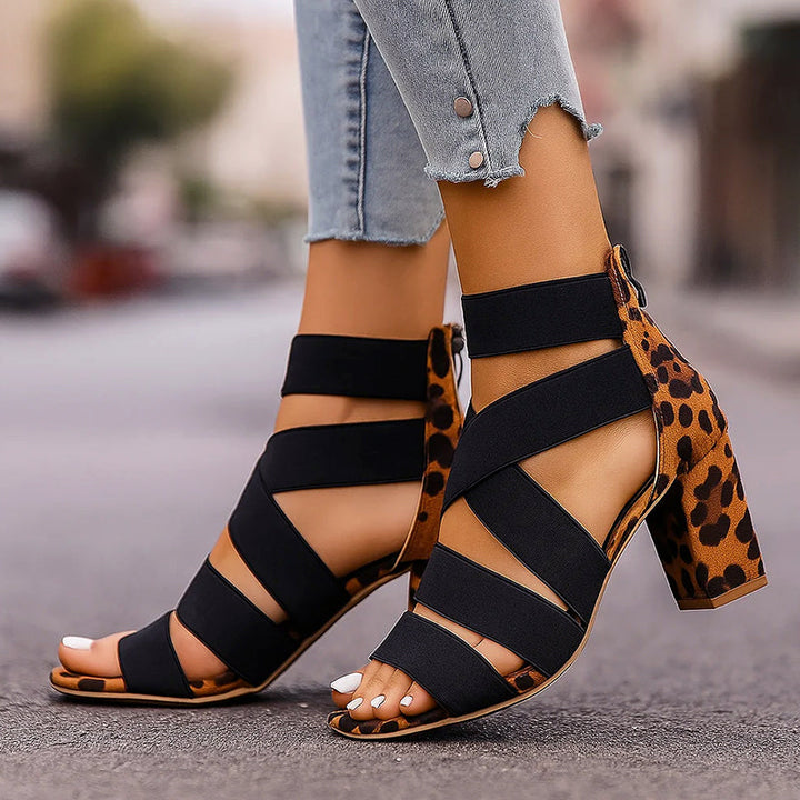 Clara Duval Leopard Elastic Strap Heels