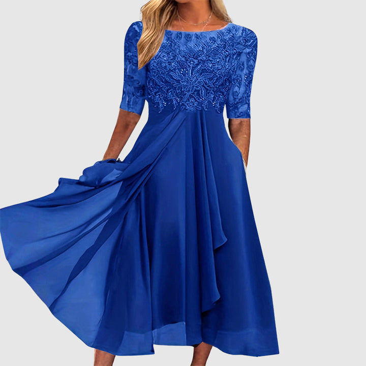 Clara Duval Midi Lace Dress with Sheer Sleeves
