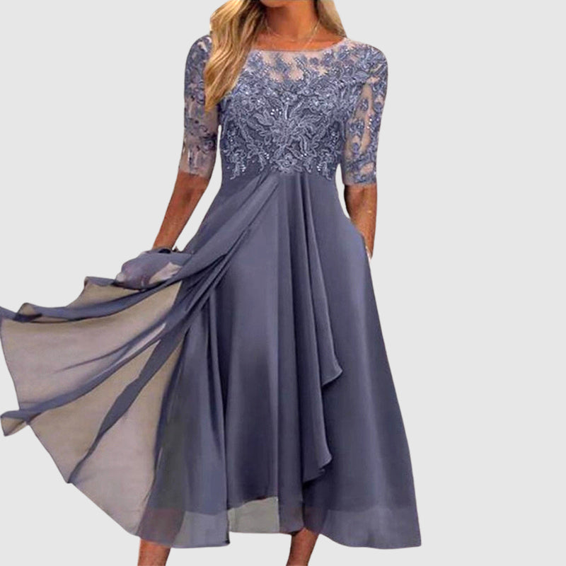 Clara Duval Midi Lace Dress with Sheer Sleeves