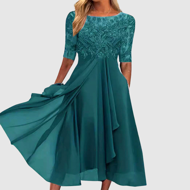 Clara Duval Midi Lace Dress with Sheer Sleeves