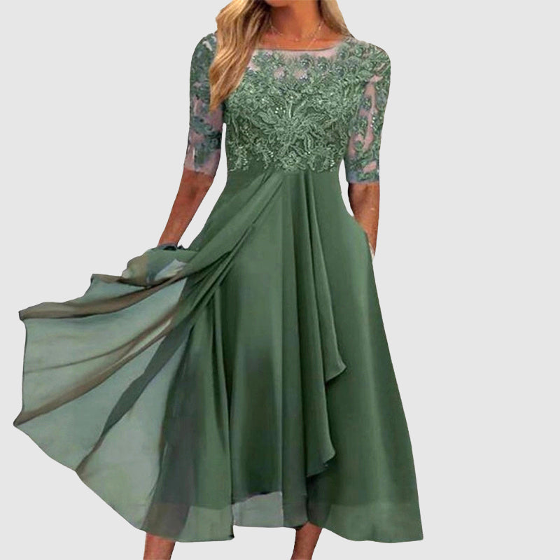 Clara Duval Midi Lace Dress with Sheer Sleeves