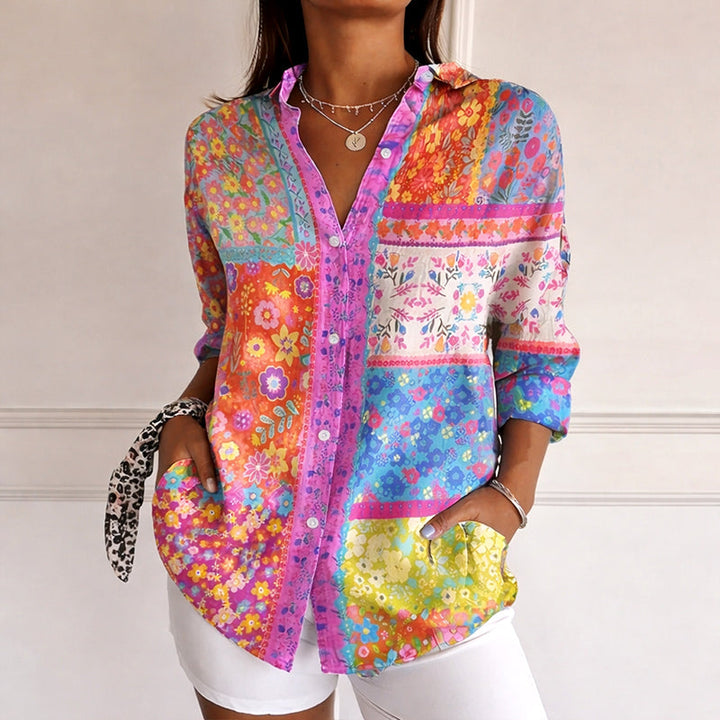 Clara Duval Patchwork Floral Button Blouse
