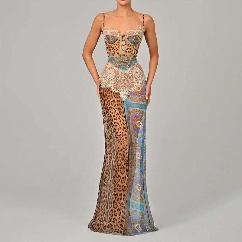 Clara Duval Patchwork Leopard Print Maxi Dress