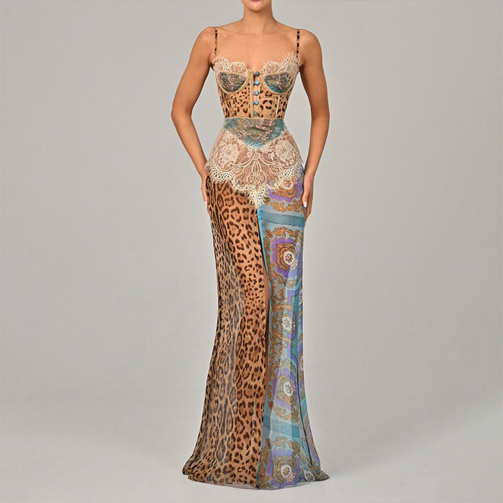 Clara Duval Patchwork Leopard Print Maxi Dress