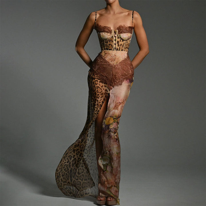 Clara Duval Patchwork Leopard Print Maxi Dress