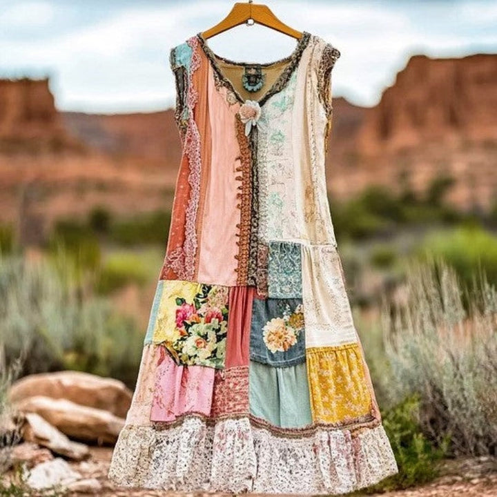 Clara Duval Patchwork Maxi Dress with Lace Trim