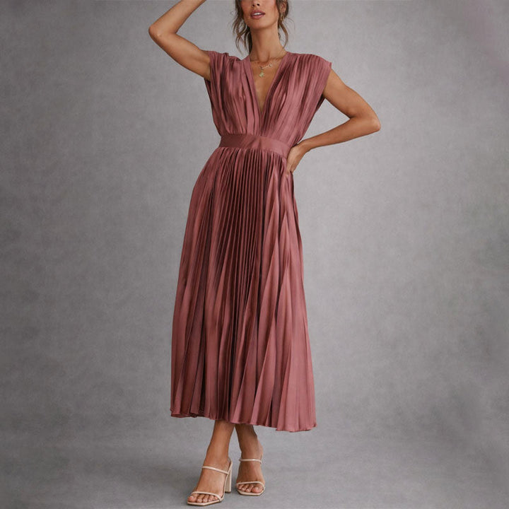 Clara Duval Pleated V-Neck Midi Dress