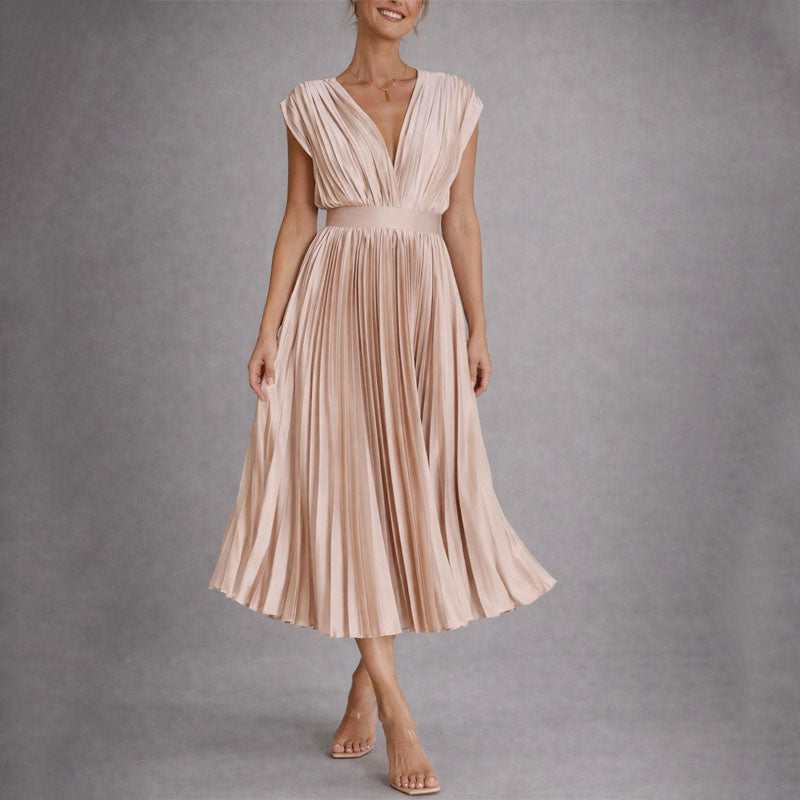 Clara Duval Pleated V-Neck Midi Dress