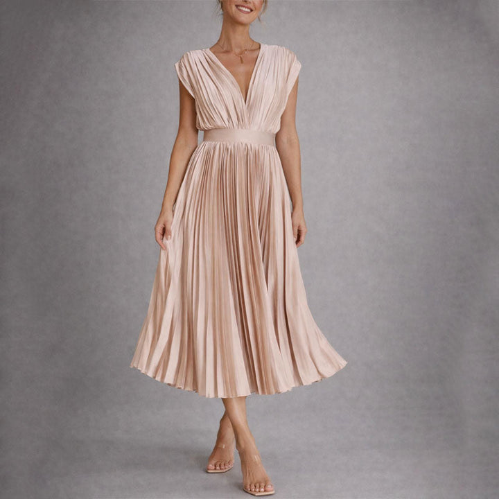 Clara Duval Pleated V-Neck Midi Dress