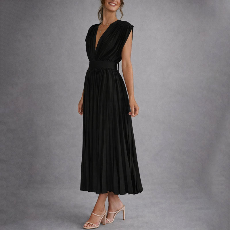 Clara Duval Pleated V-Neck Midi Dress