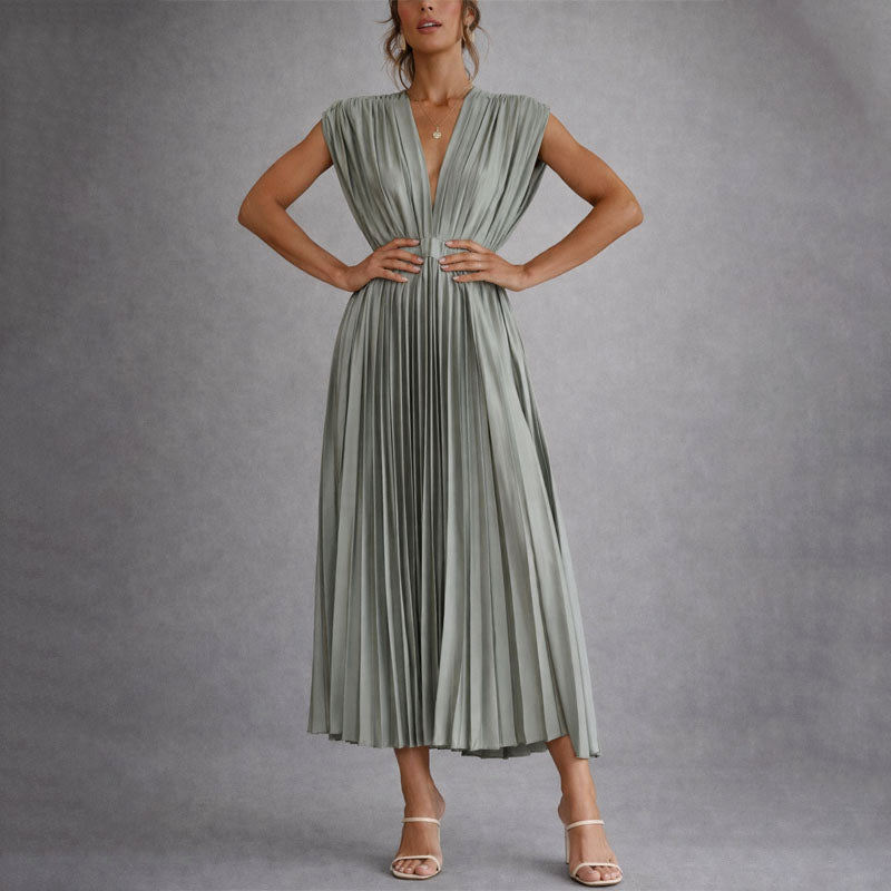 Clara Duval Pleated V-Neck Midi Dress