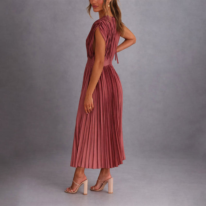 Clara Duval Pleated V-Neck Midi Dress
