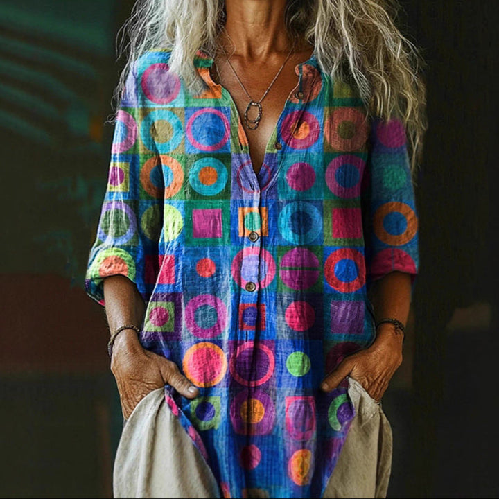 Clara Duval Retro Multicolor Circle Print Blouse
