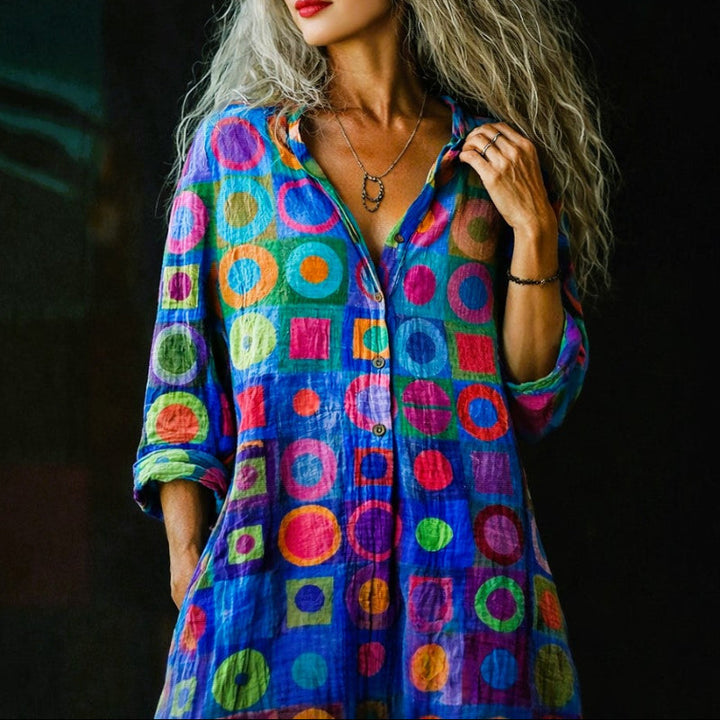 Clara Duval Retro Multicolor Circle Print Blouse