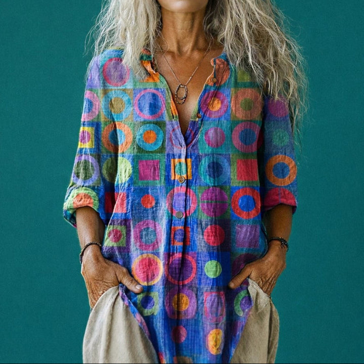 Clara Duval Retro Multicolor Circle Print Blouse