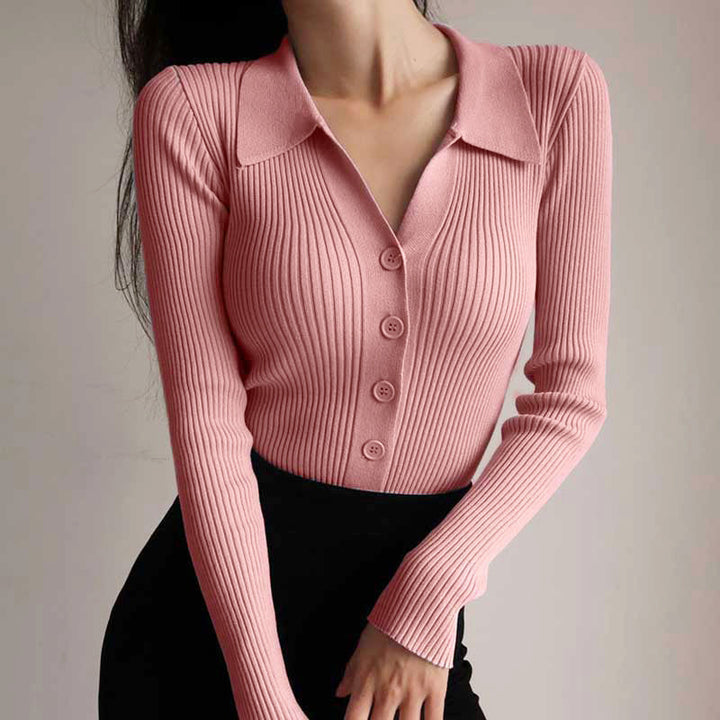 Clara Duval Ribbed Button-Up Knit Top