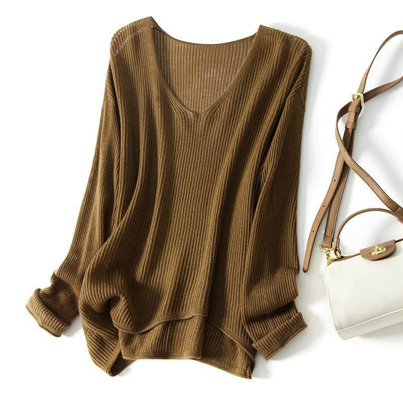 Clara Duval Ribbed V-Neck Oversized Sweater