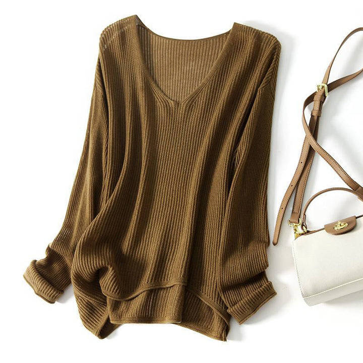Clara Duval Ribbed V-Neck Oversized Sweater