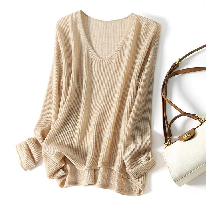 Clara Duval Ribbed V-Neck Oversized Sweater