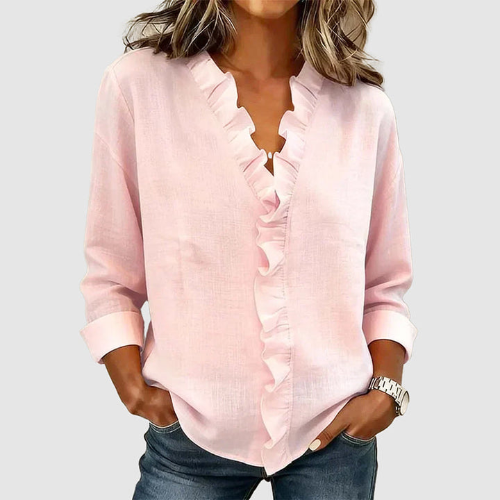 Clara Duval Ruffle Front V-Neck Blouse