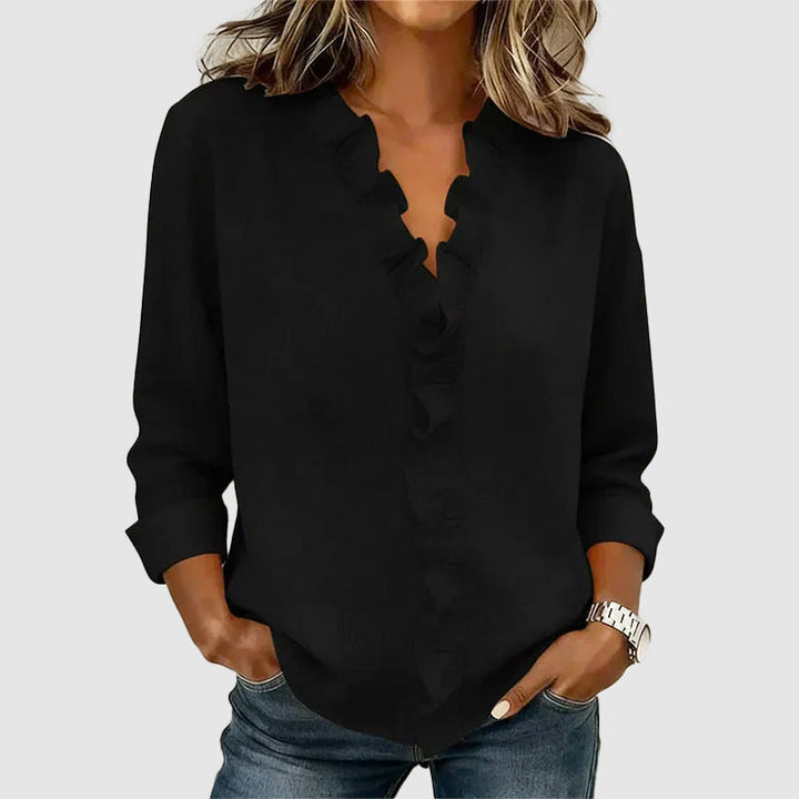 Clara Duval Ruffle Front V-Neck Blouse