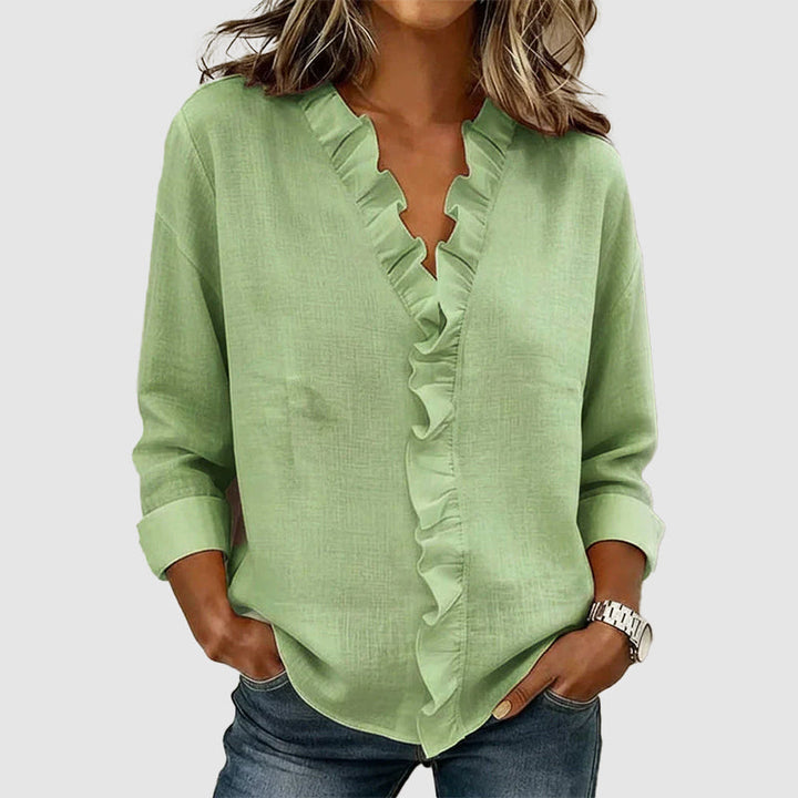 Clara Duval Ruffle Front V-Neck Blouse