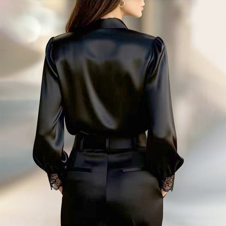 Clara Duval Satin Blouse with Lace Trim