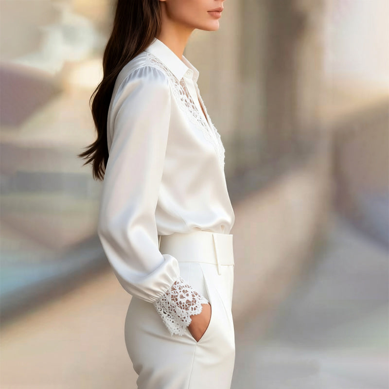 Clara Duval Satin Blouse with Lace Trim