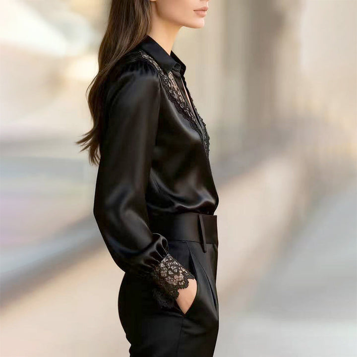 Clara Duval Satin Blouse with Lace Trim
