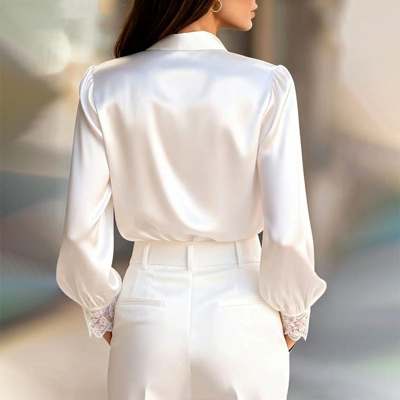 Clara Duval Satin Blouse with Lace Trim