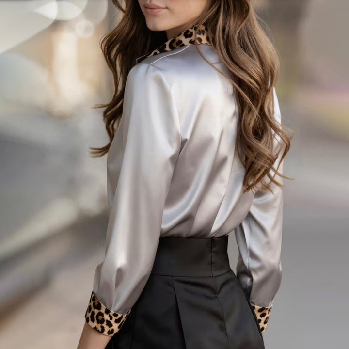 Clara Duval Satin Blouse with Leopard Print Trim