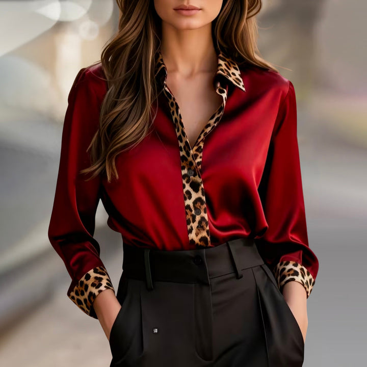 Clara Duval Satin Blouse with Leopard Print Trim