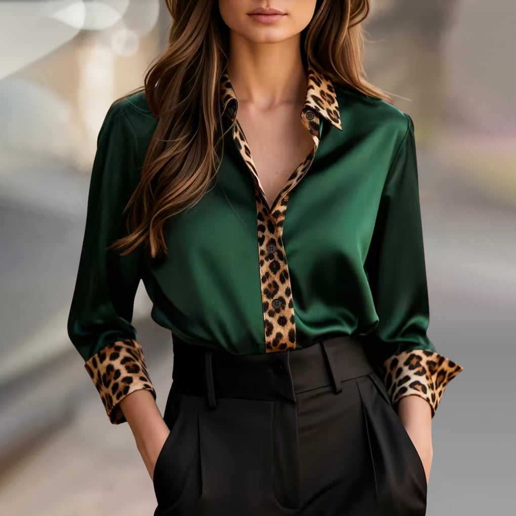 Clara Duval Satin Blouse with Leopard Print Trim