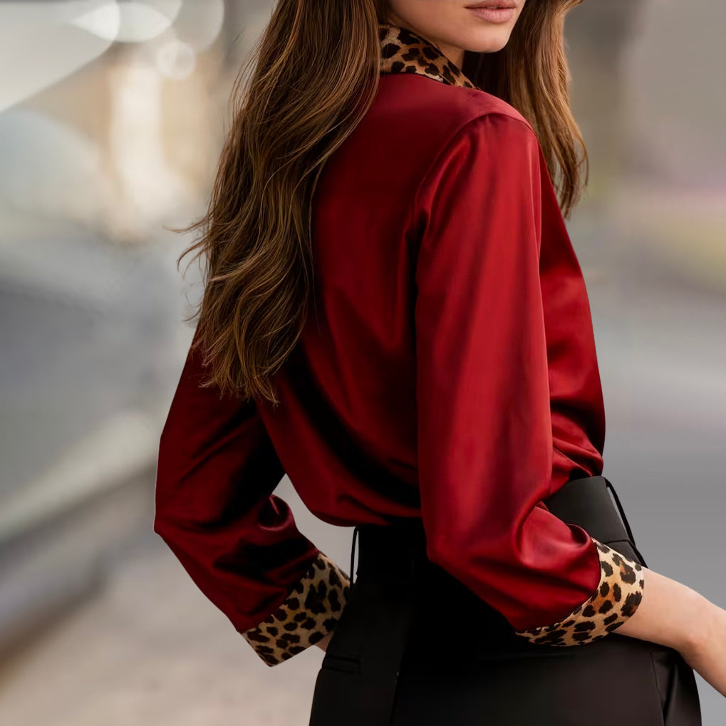 Clara Duval Satin Blouse with Leopard Print Trim