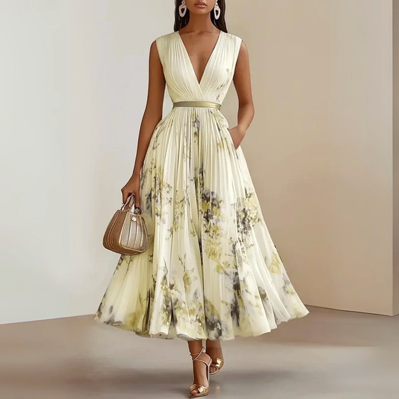 Clara Duval Sleeveless Pleated Midi Dress