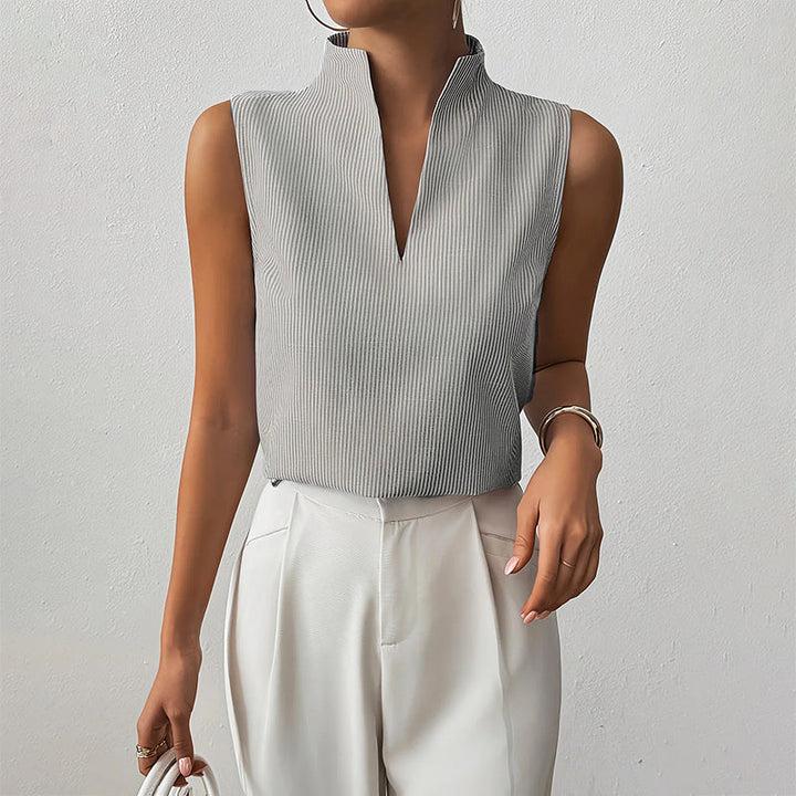 Clara Duval Sleeveless Striped V-Neck Blouse