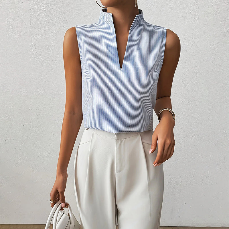 Clara Duval Sleeveless Striped V-Neck Blouse