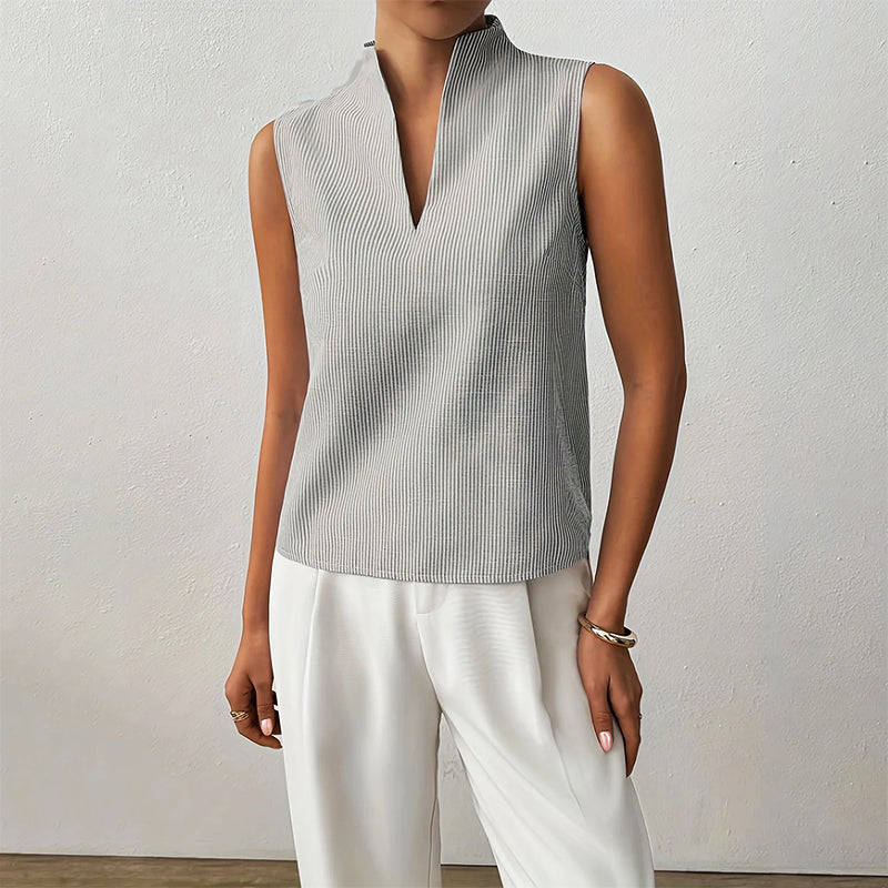 Clara Duval Sleeveless Striped V-Neck Blouse