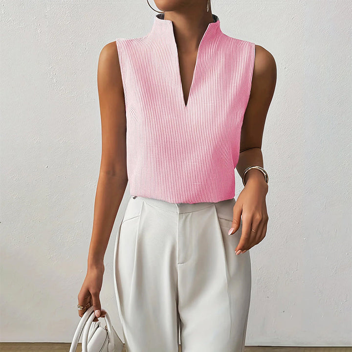 Clara Duval Sleeveless Striped V-Neck Blouse